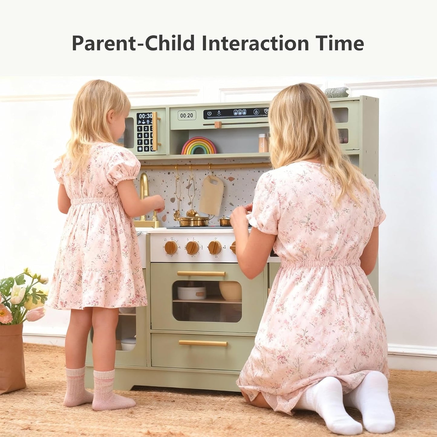 Realistic Pretend Play Kitchen with Stove, Sink, Coffee Maker, Ice Make w/ 15 Fun Accessories (Wooden)