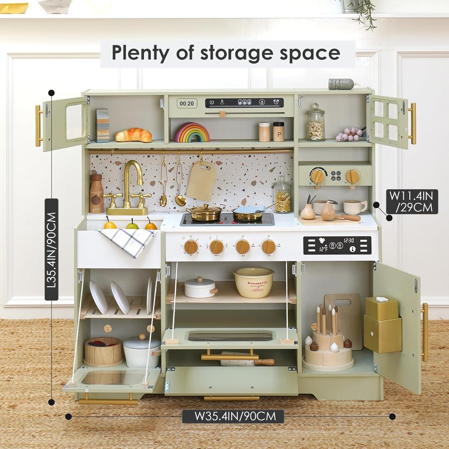 Realistic Pretend Play Kitchen with Stove, Sink, Coffee Maker, Ice Make w/ 15 Fun Accessories (Wooden)