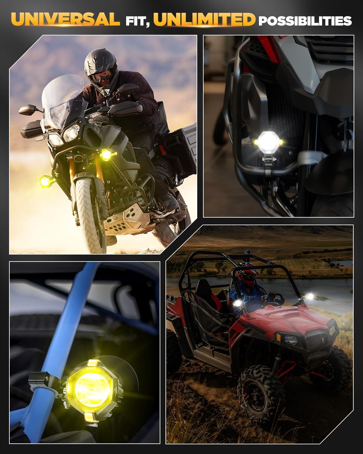 Motorcycle LED Fog Lights Driving Lights Amber Auxiliary Light,  LED Spotlight with 8 Modes Dual Color,  60W 6000LM