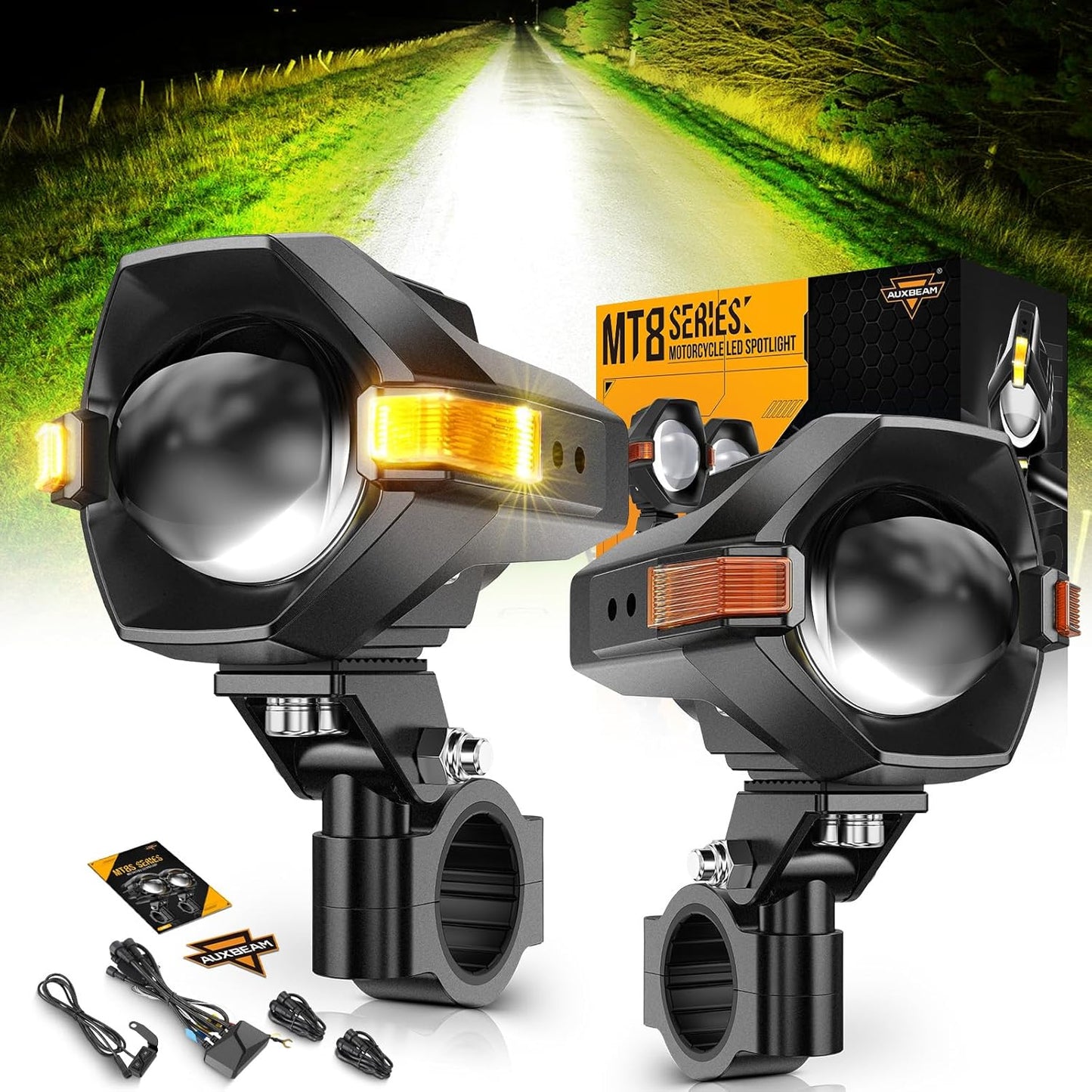 Motorcycle LED Fog Lights Driving Lights Amber Auxiliary Light,  LED Spotlight with 8 Modes Dual Color,  60W 6000LM