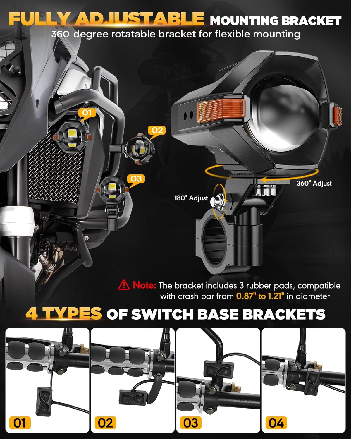 Motorcycle LED Fog Lights Driving Lights Amber Auxiliary Light,  LED Spotlight with 8 Modes Dual Color,  60W 6000LM