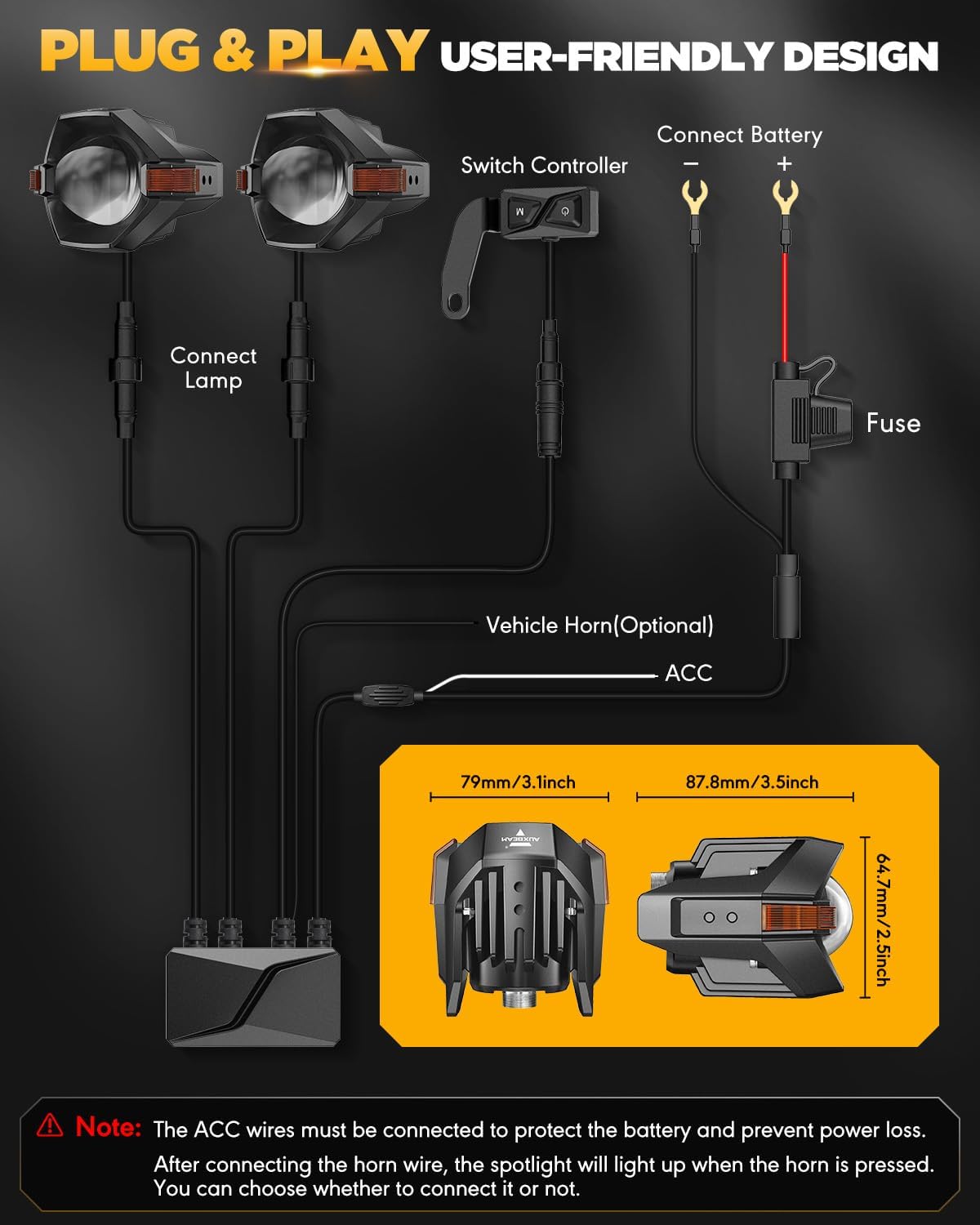 Motorcycle LED Fog Lights Driving Lights Amber Auxiliary Light,  LED Spotlight with 8 Modes Dual Color,  60W 6000LM