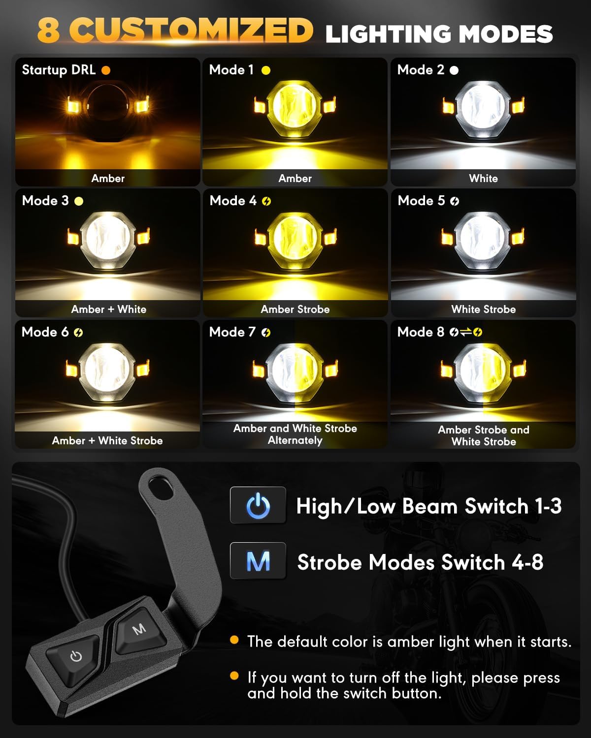 Motorcycle LED Fog Lights Driving Lights Amber Auxiliary Light,  LED Spotlight with 8 Modes Dual Color,  60W 6000LM