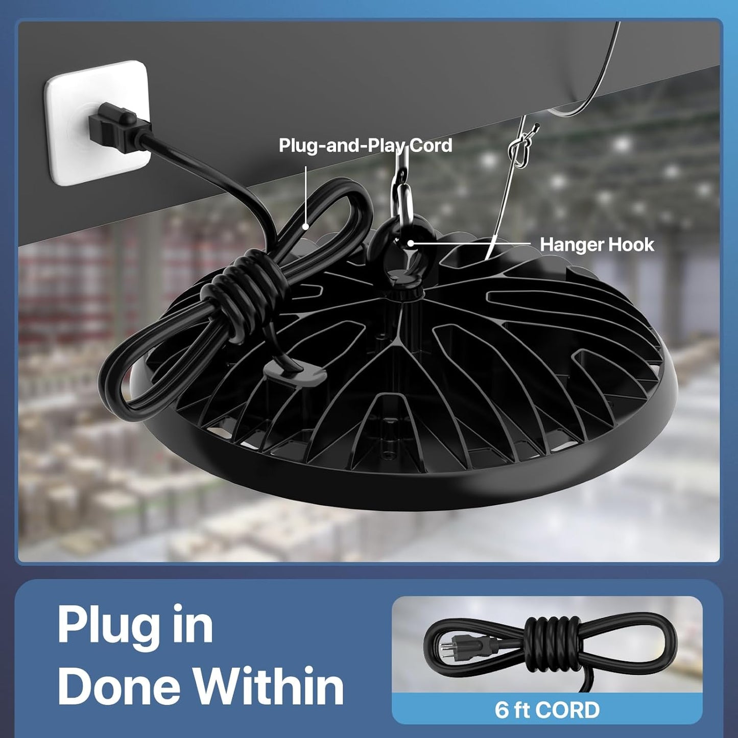 2-Pack 250W UFO LED Light with Plug & Play, 5000K IP65 Waterproof Shatterproof Lighting Fixture