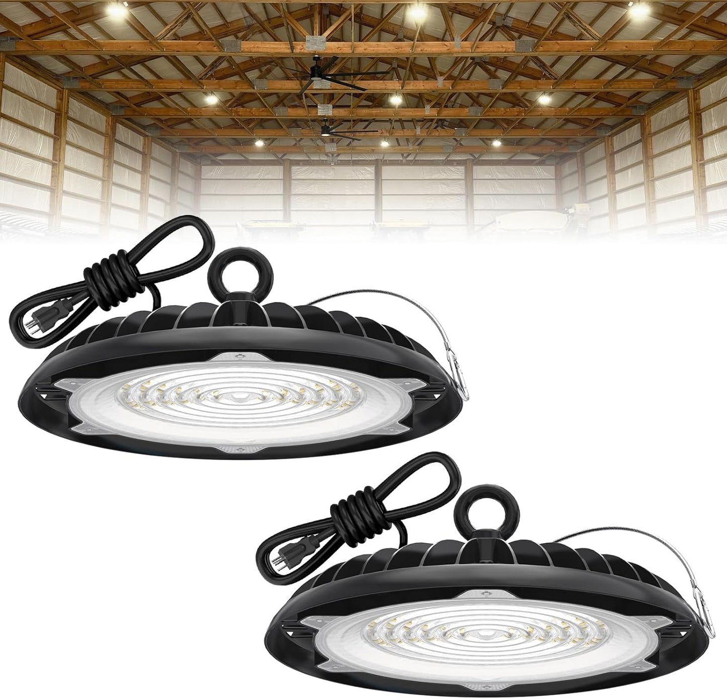2-Pack 250W UFO LED Light with Plug & Play, 5000K IP65 Waterproof Shatterproof Lighting Fixture