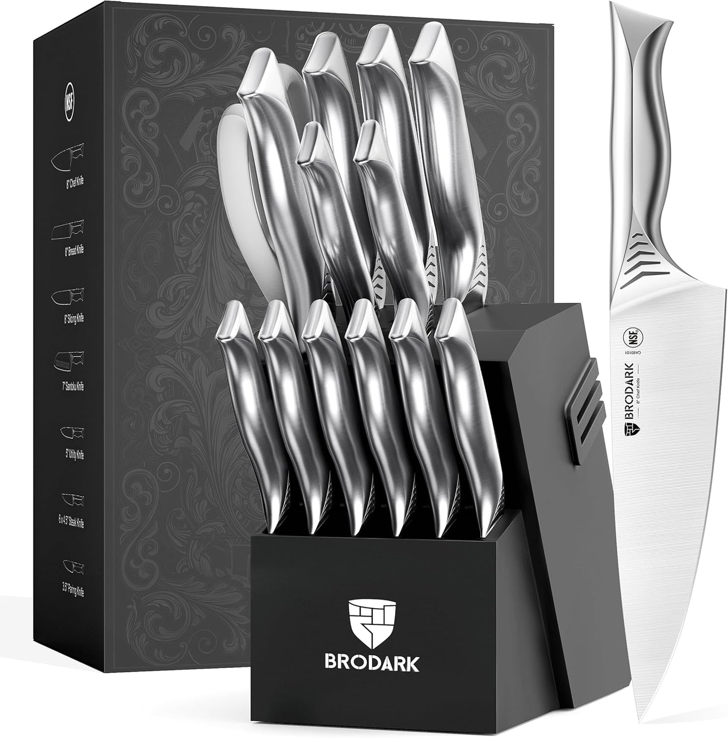 15-Piece Knife Block Set with Built-in Sharpener - High Carbon Stainless Steel