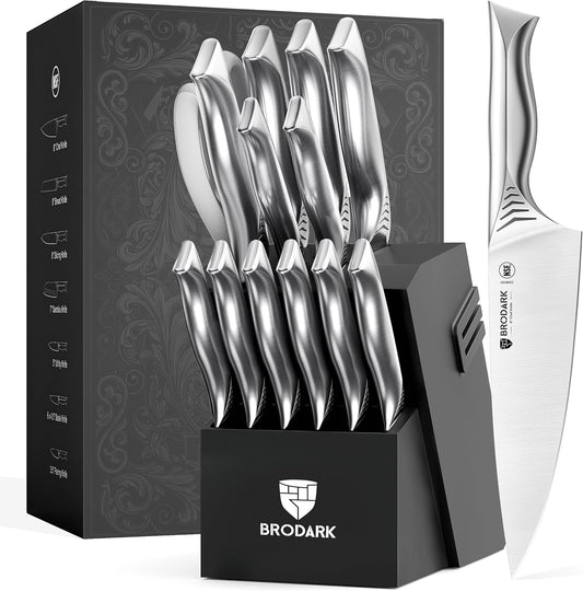 15-Piece Knife Block Set with Built-in Sharpener - High Carbon Stainless Steel