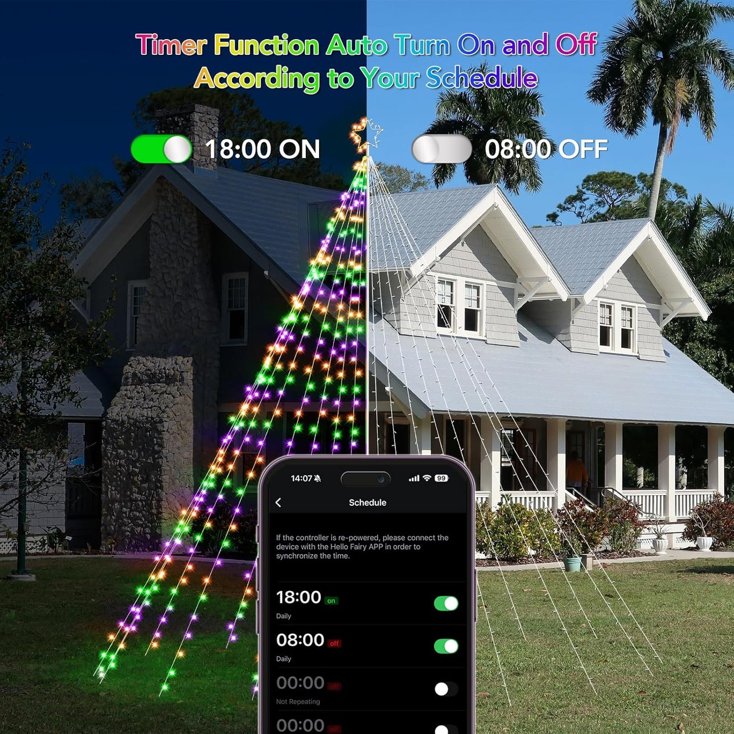 Smart Christmas Tree Lights LED, Remote & App Control Waterproof, Multiple Scene Modes Waterfall Lights w/ Pole