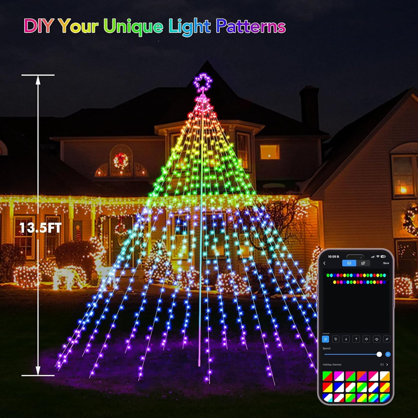 Smart Christmas Tree Lights LED, Remote & App Control Waterproof, Multiple Scene Modes Waterfall Lights w/ Pole