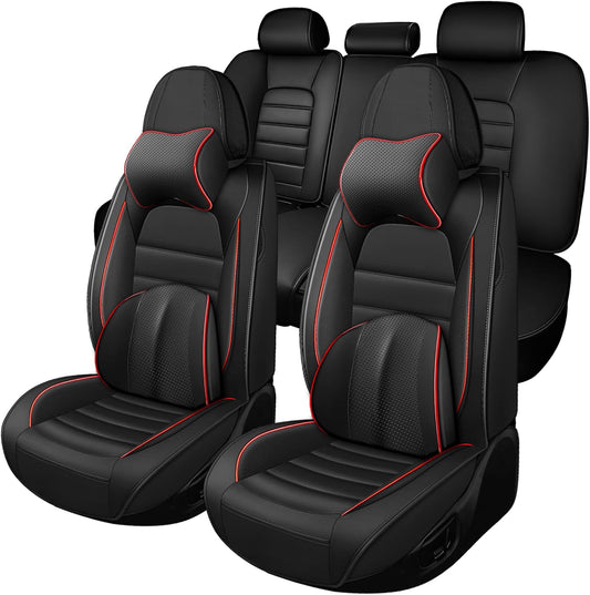 Full Set for Fiat 500e Seat Covers 2013-2026, Waterproof Nappa Leather, with Pillow, Anti-Slip, (Black & Red)