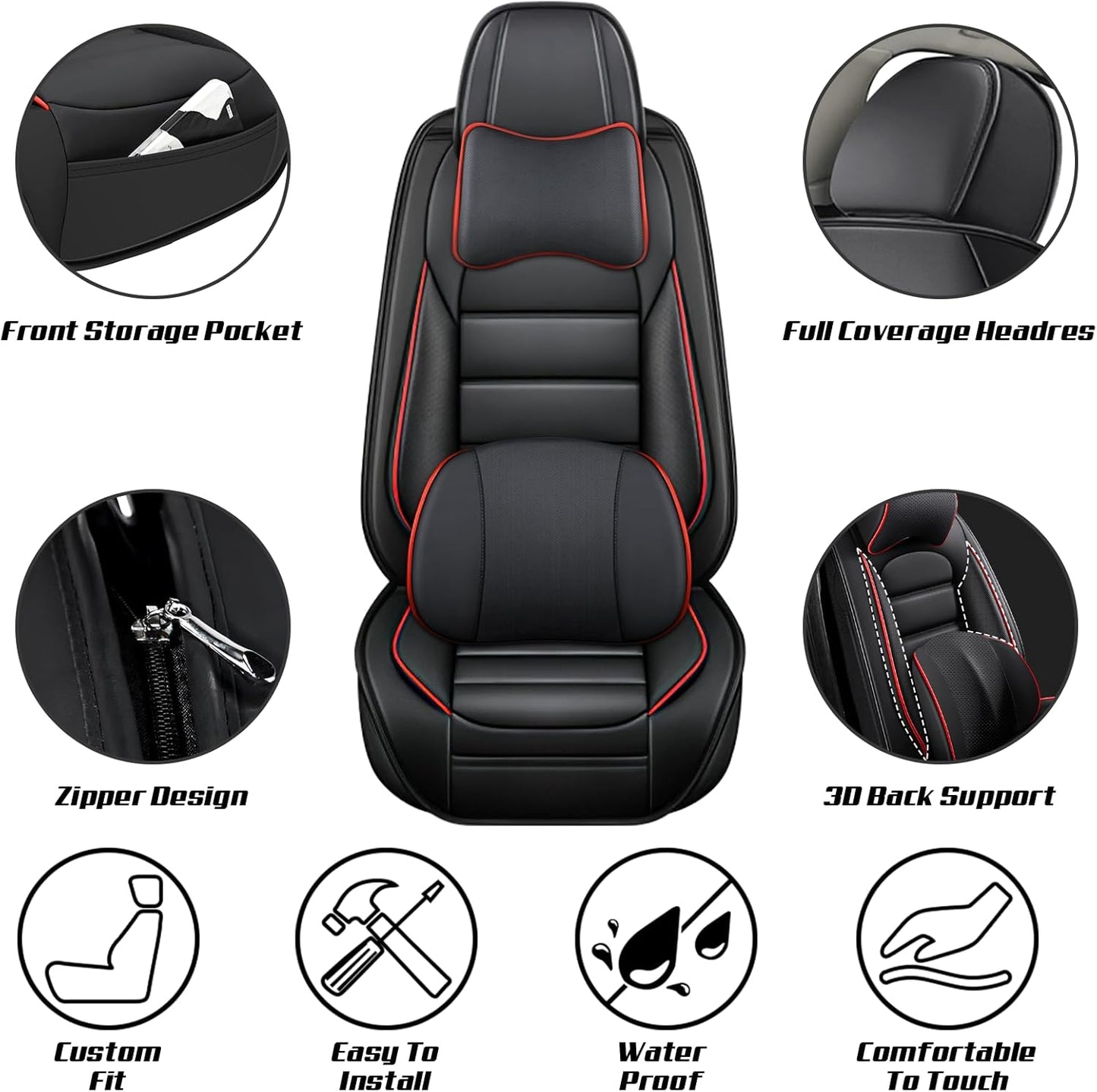 Full Set for Fiat 500e Seat Covers 2013-2026, Waterproof Nappa Leather, with Pillow, Anti-Slip, (Black & Red)