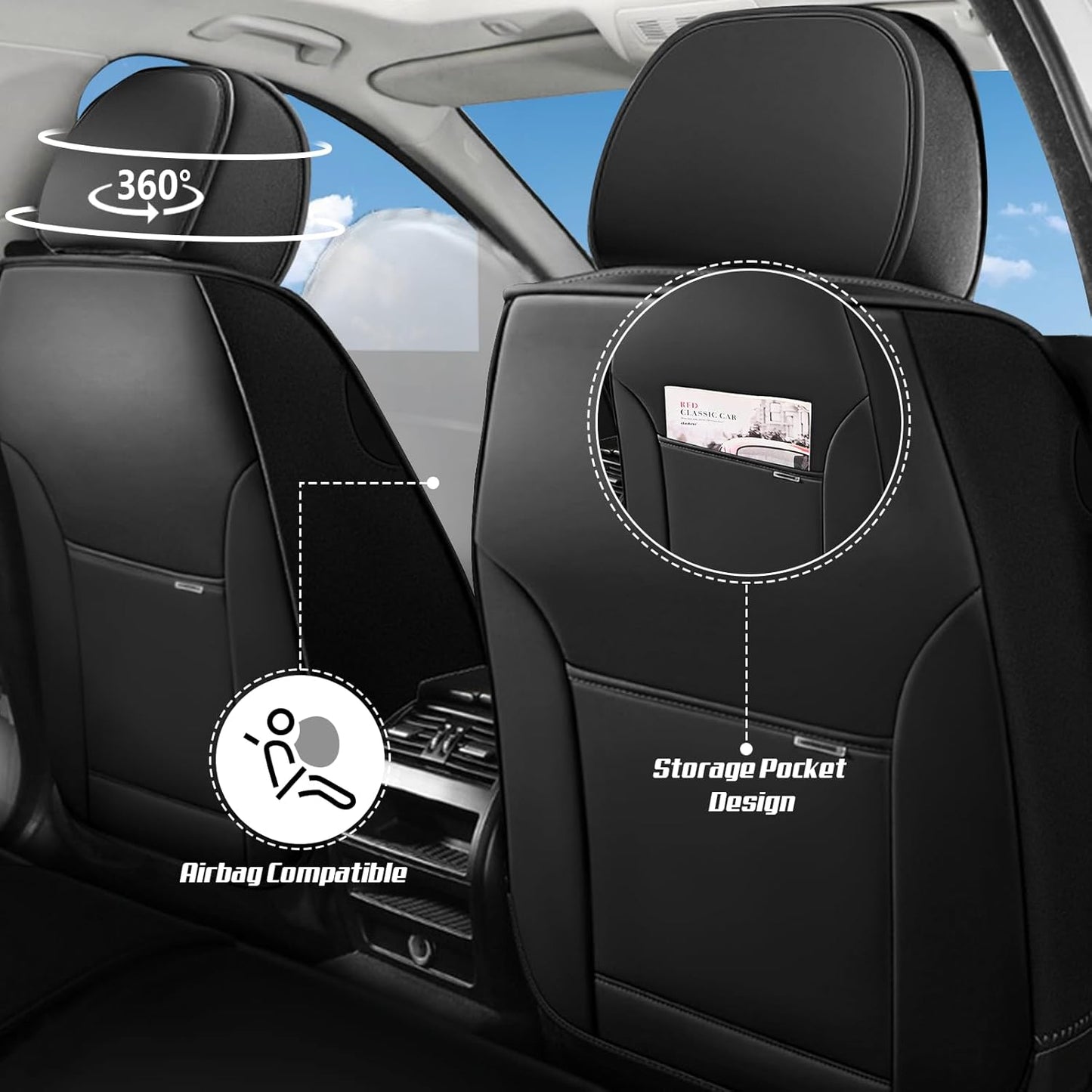 Full Set for Fiat 500e Seat Covers 2013-2026, Waterproof Nappa Leather, with Pillow, Anti-Slip, (Black & Red)