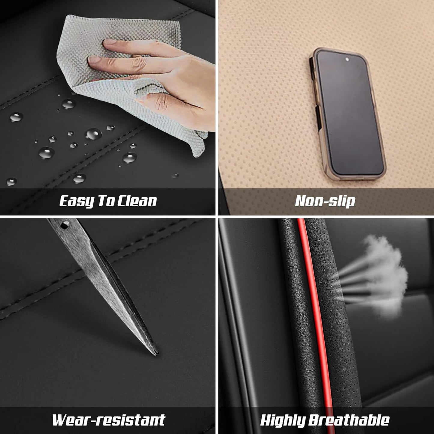 Full Set for Fiat 500e Seat Covers 2013-2026, Waterproof Nappa Leather, with Pillow, Anti-Slip, (Black & Red)