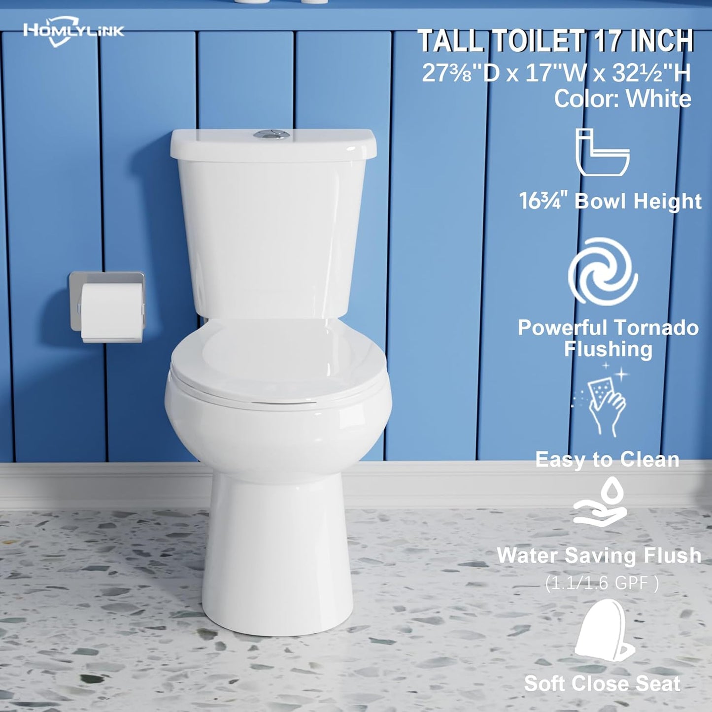 17 Inch Compact Tall Toilet for Seniors, Seat Height 17.5',Two Piece Dual Flush, White