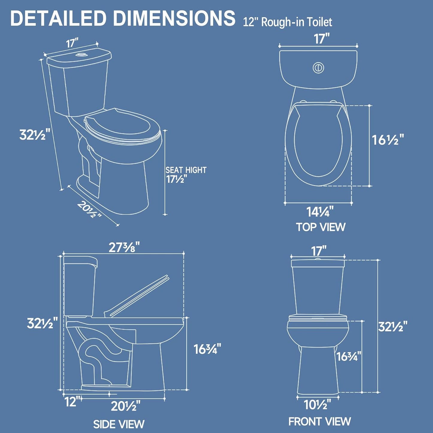 17 Inch Compact Tall Toilet for Seniors, Seat Height 17.5',Two Piece Dual Flush, White