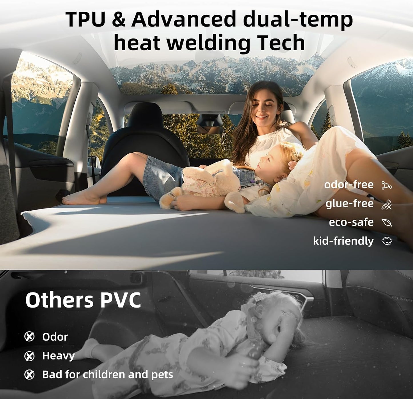 Tesla Model Y/Juniper Auto-Level TPU Backseat Mattress, 7.5’’ Thick Solid Foam Full Size Bed, Built-in Pump