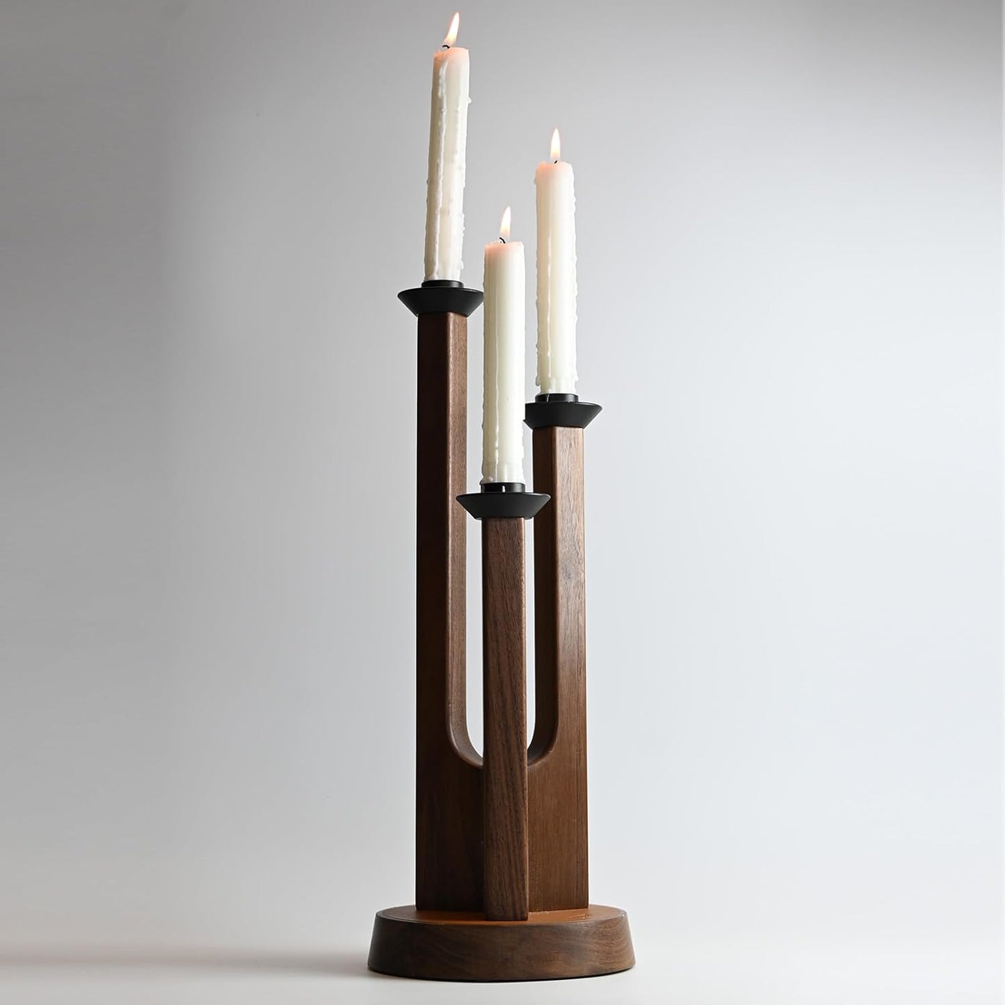 Candle Holder Stand, Handcrafted Walnut Wood with Leather 3-in-1 Tiered Set