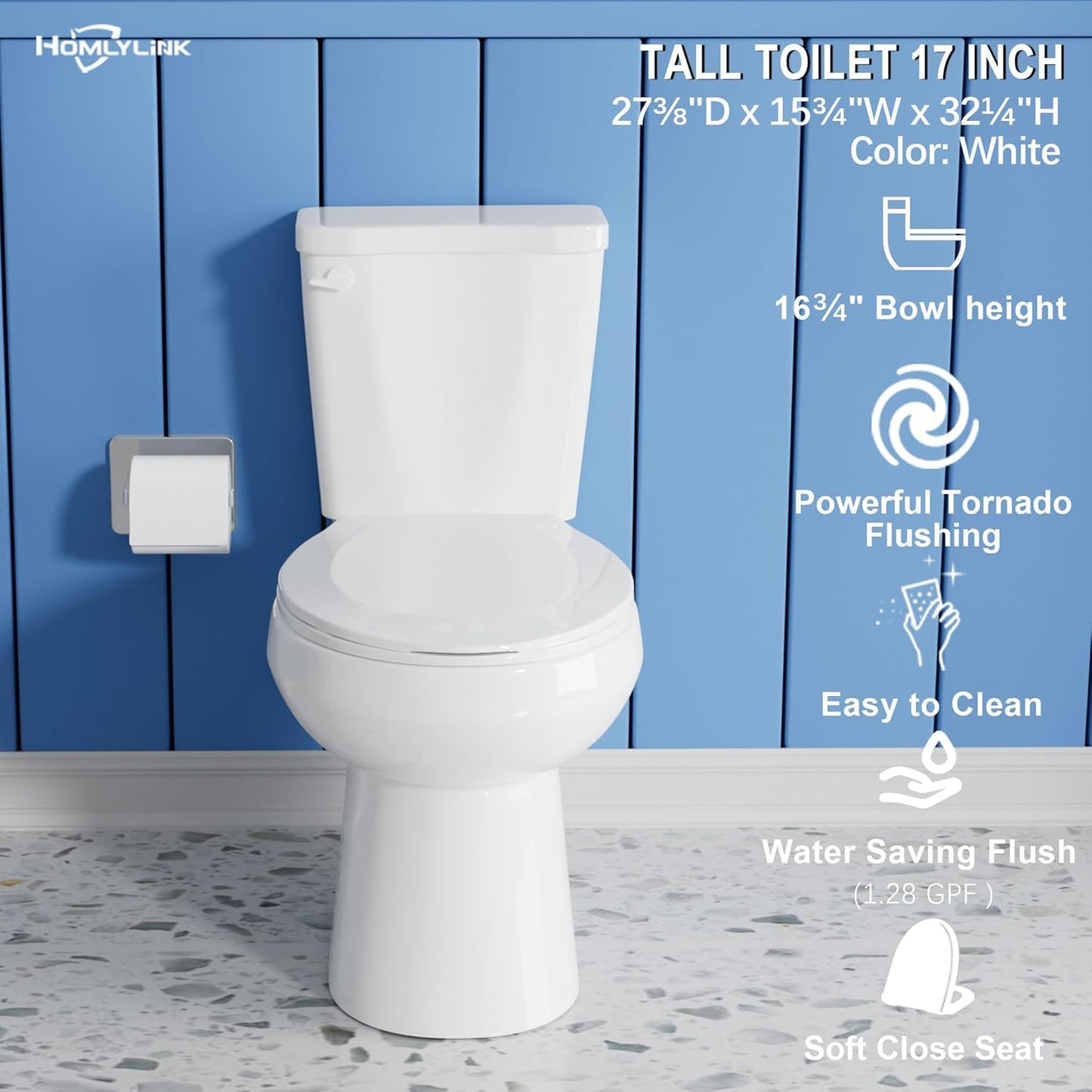 17 Inch Compact Tall Toilet for Seniors, Tornado Flush High Toilets,  Comfort Bowl Heigh 16.75', Seat Height 17.5'