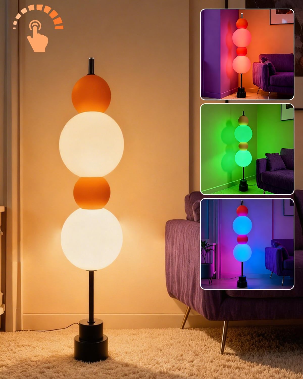 RGB& 3000K Floor Lamp w/ Touch Control, Dimmable Colors Temperature & Brightness, Globe, w/ Smart Bulb