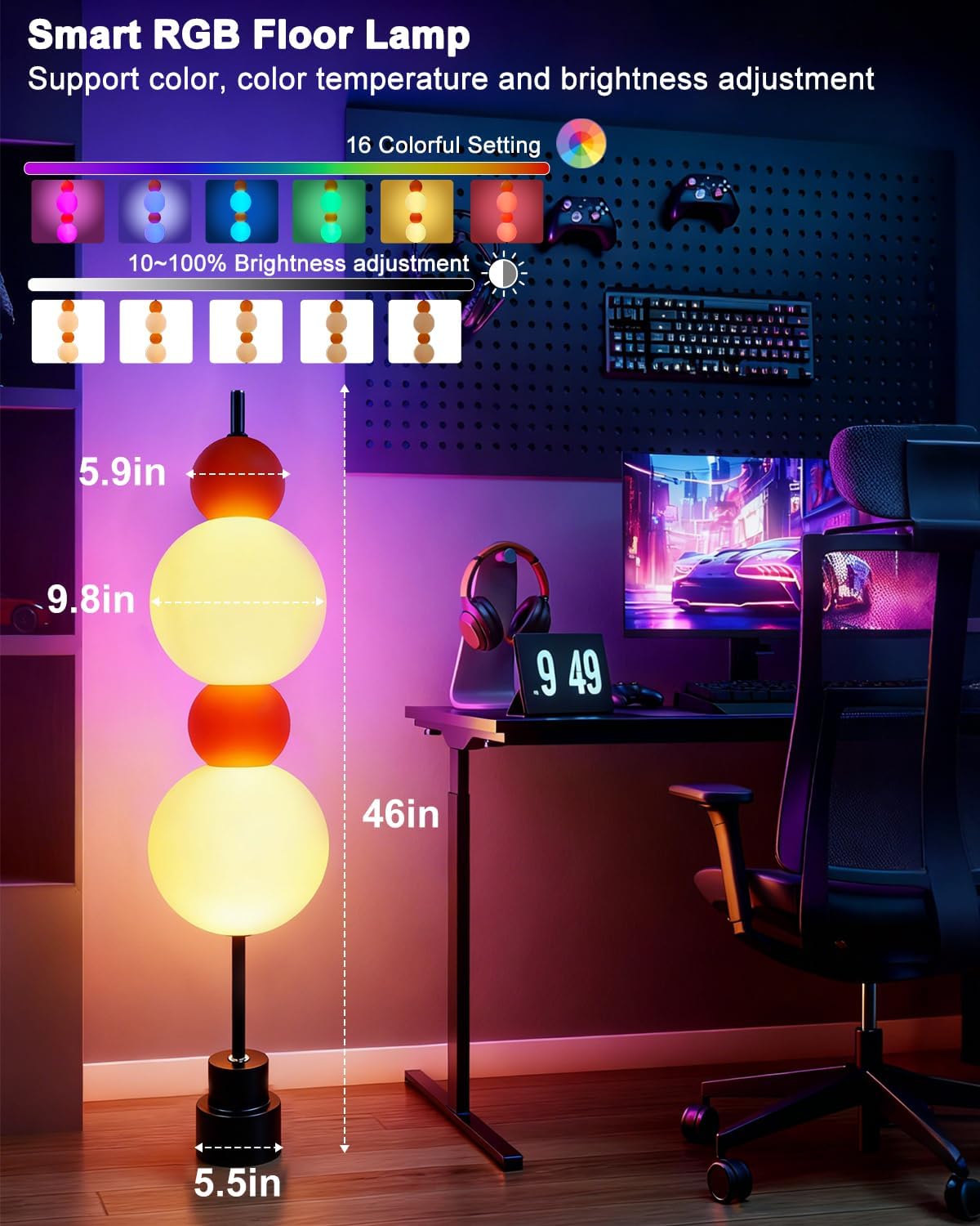 RGB& 3000K Floor Lamp w/ Touch Control, Dimmable Colors Temperature & Brightness, Globe, w/ Smart Bulb