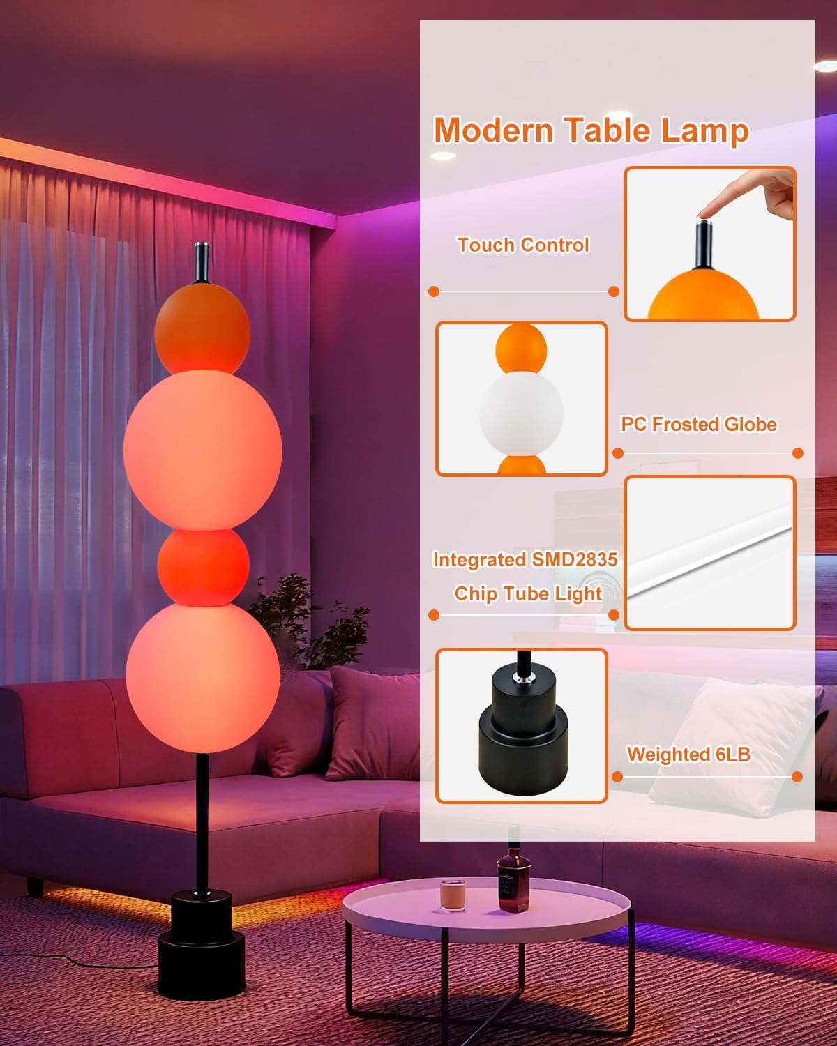 RGB& 3000K Floor Lamp w/ Touch Control, Dimmable Colors Temperature & Brightness, Globe, w/ Smart Bulb