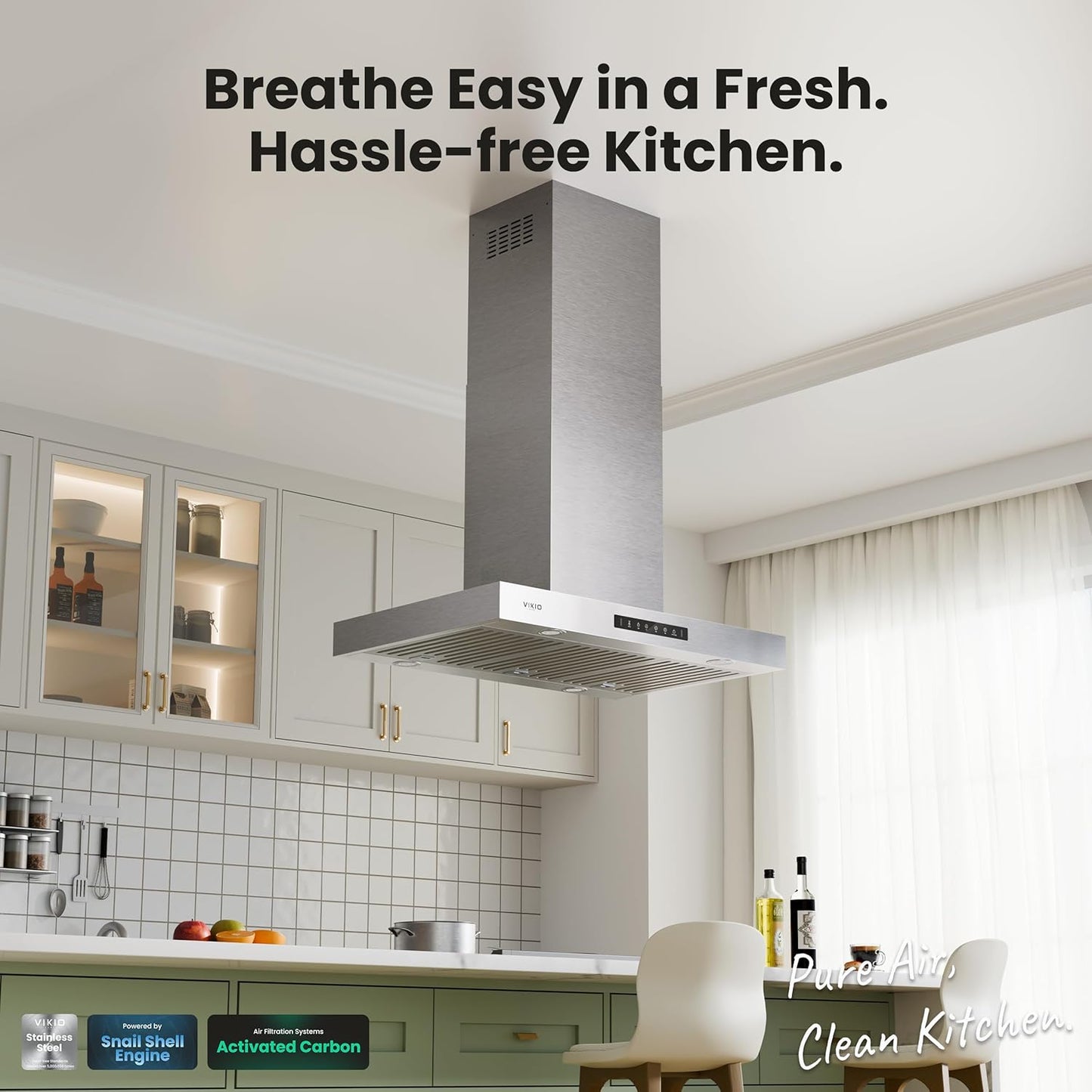 30 Inch, 600 CFM Island Mount Range Hood w/ Dual-Sided Touch/Gesture Control, Ceiling Mount, Ducted/Ductless
