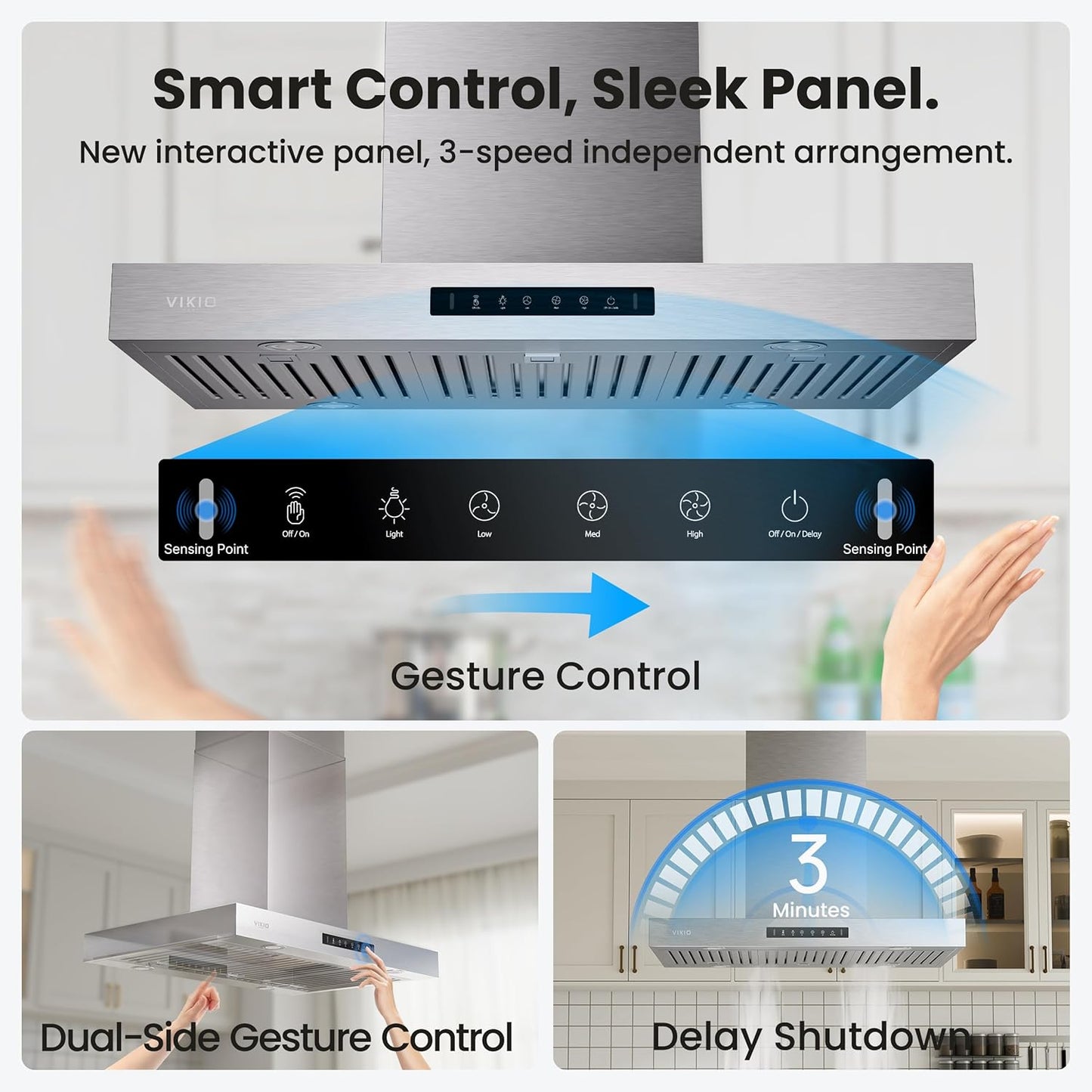 30 Inch, 600 CFM Island Mount Range Hood w/ Dual-Sided Touch/Gesture Control, Ceiling Mount, Ducted/Ductless