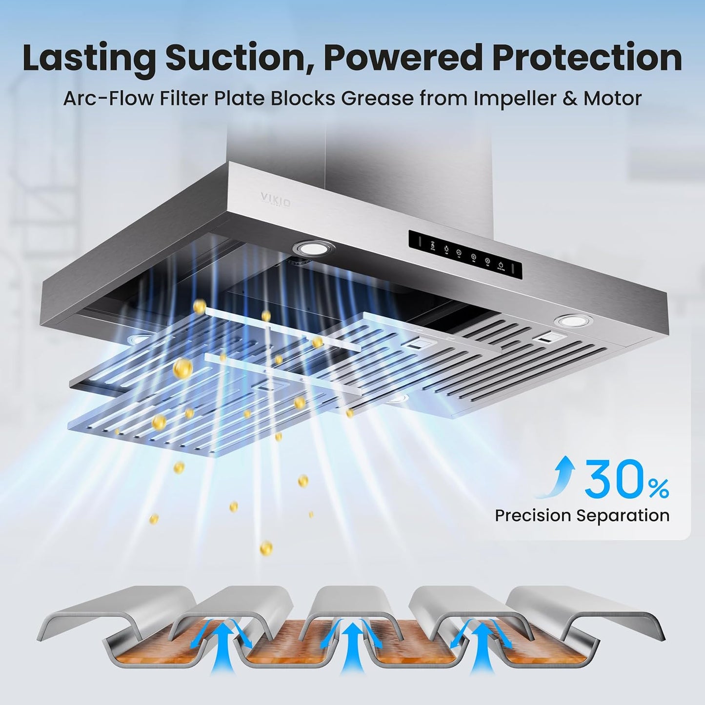 30 Inch, 600 CFM Island Mount Range Hood w/ Dual-Sided Touch/Gesture Control, Ceiling Mount, Ducted/Ductless