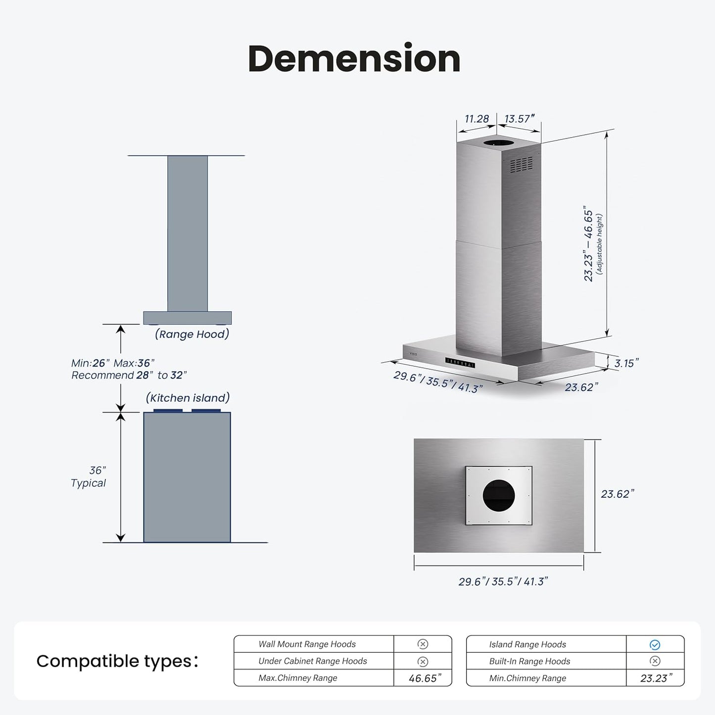 30 Inch, 600 CFM Island Mount Range Hood w/ Dual-Sided Touch/Gesture Control, Ceiling Mount, Ducted/Ductless