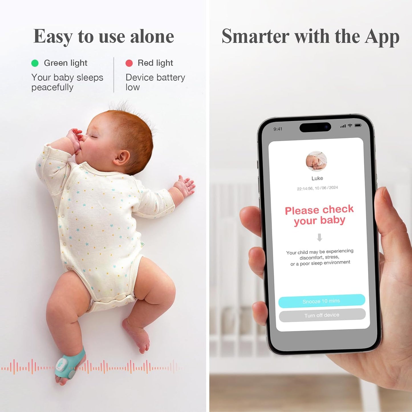 Baby Sleep Sock Monitor - Tracks Sleep and Movement for Infants, with Bluetooth and App, Babies 1-12 Months Old