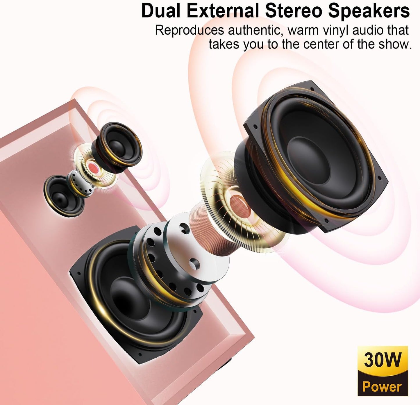 Bluetooth Record Player with External Speakers Belt-Drive Turntable for Vinyl Records Dual Stereo Speakers LP Players Support 3 Speed 3 Size, AUX RCA