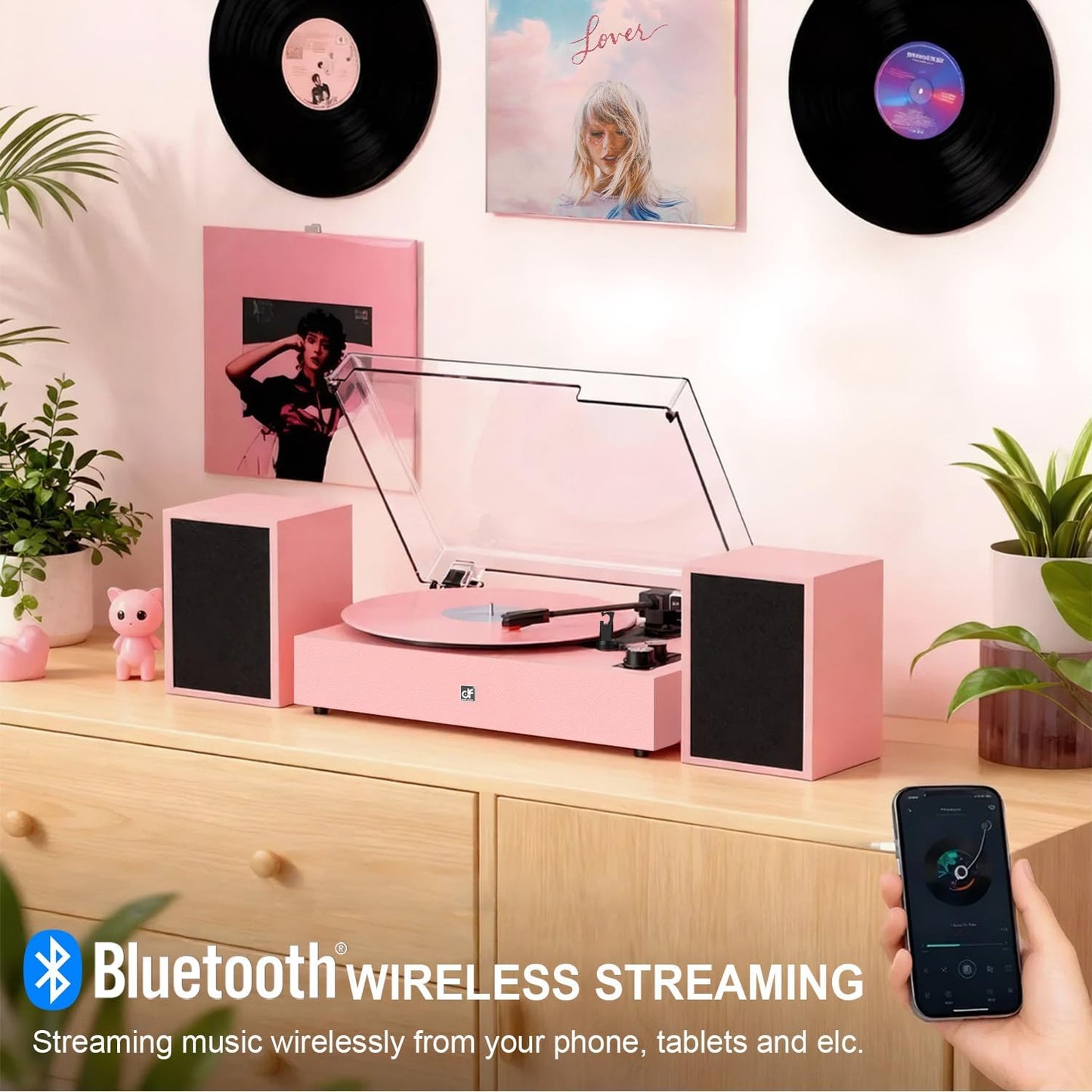 Bluetooth Record Player with External Speakers Belt-Drive Turntable for Vinyl Records Dual Stereo Speakers LP Players Support 3 Speed 3 Size, AUX RCA