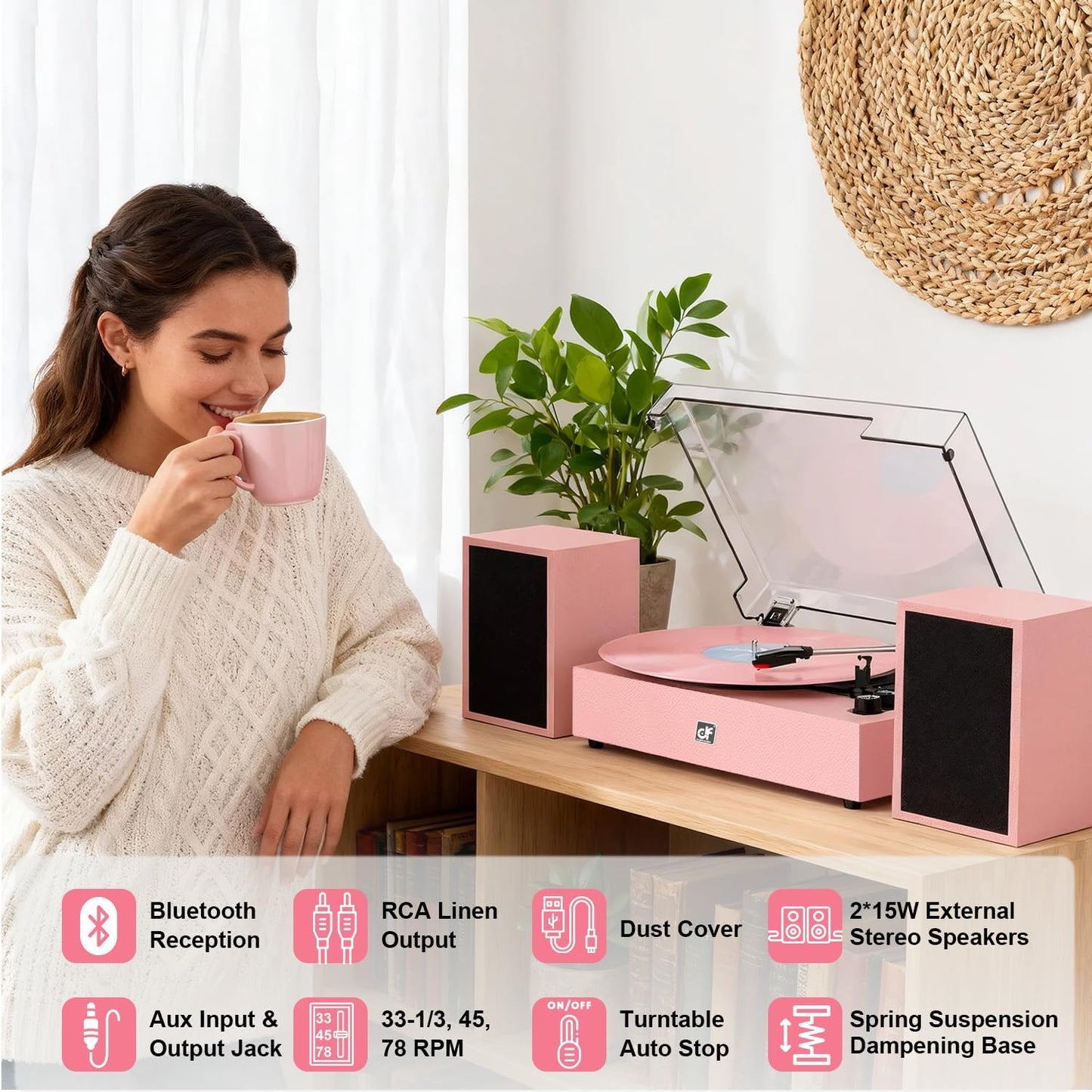 Bluetooth Record Player with External Speakers Belt-Drive Turntable for Vinyl Records Dual Stereo Speakers LP Players Support 3 Speed 3 Size, AUX RCA