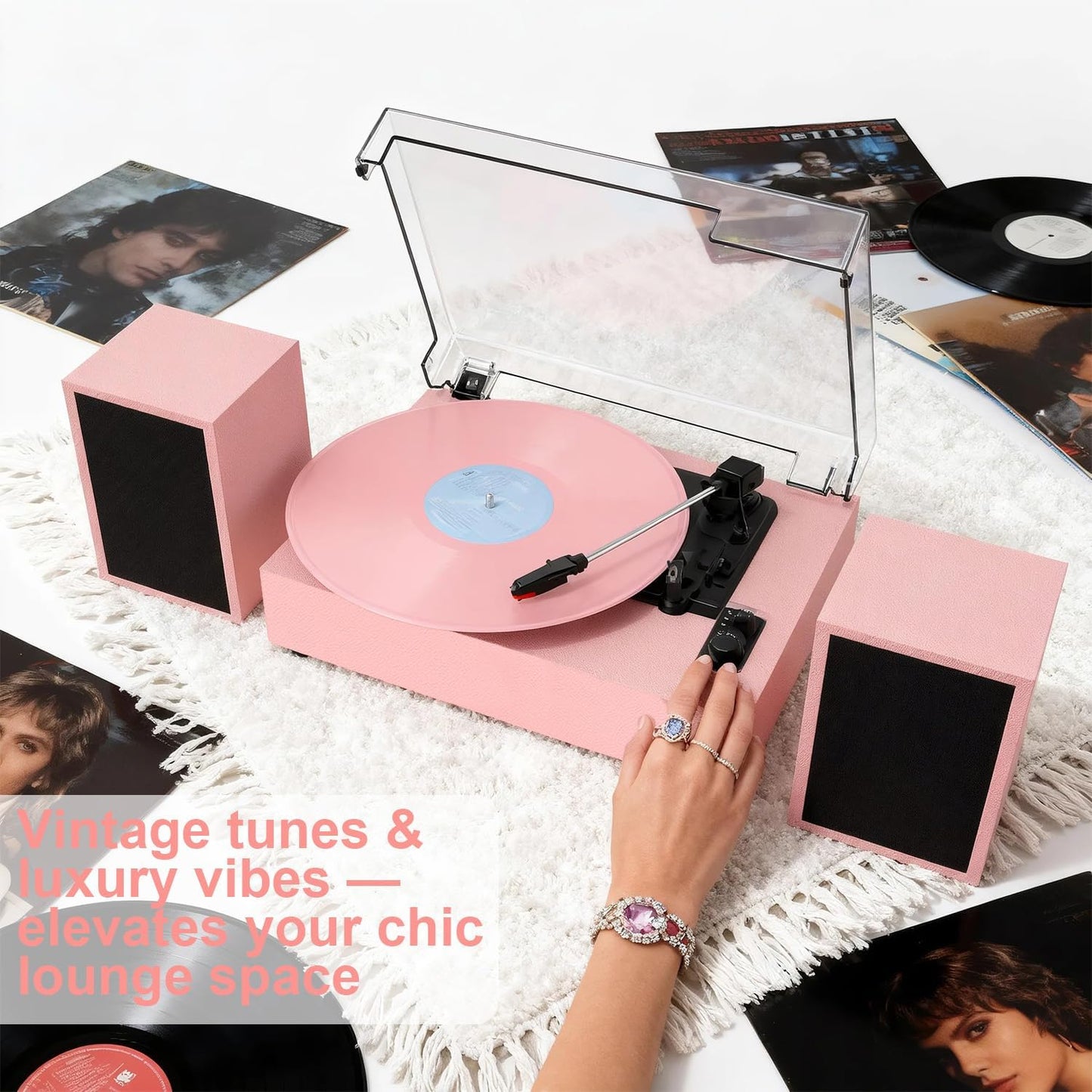 Bluetooth Record Player with External Speakers Belt-Drive Turntable for Vinyl Records Dual Stereo Speakers LP Players Support 3 Speed 3 Size, AUX RCA