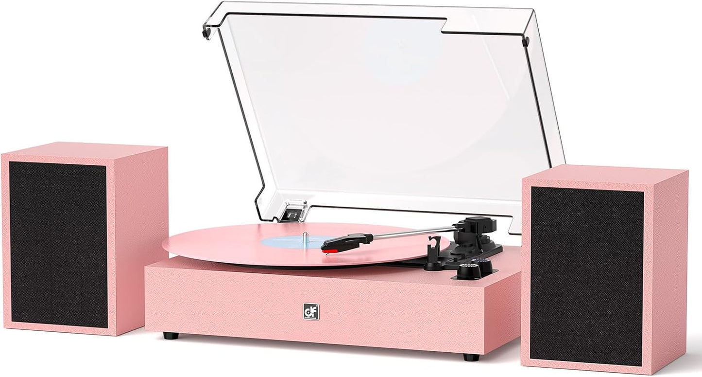 Bluetooth Record Player with External Speakers Belt-Drive Turntable for Vinyl Records Dual Stereo Speakers LP Players Support 3 Speed 3 Size, AUX RCA