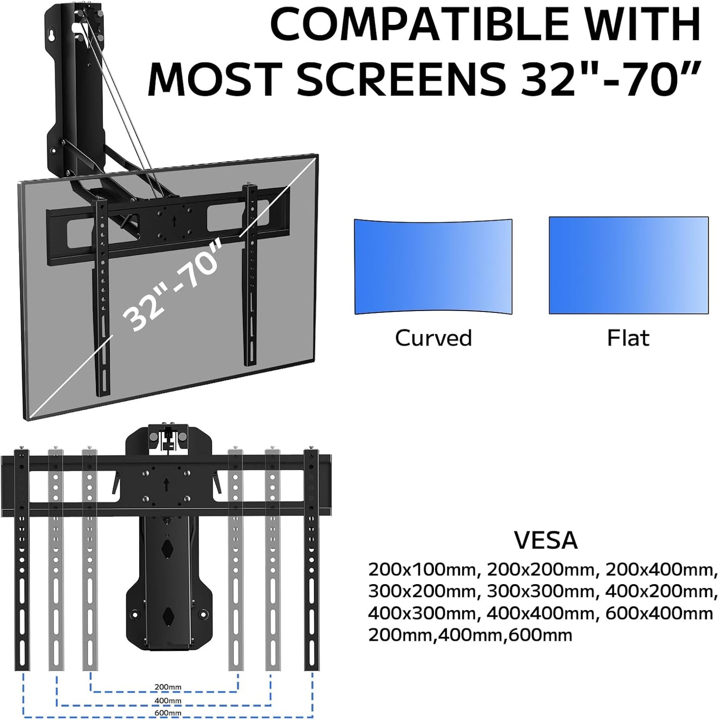Motorized Pull Down TV Mount Over Fireplace, Electric Height Adjust with Remote Control, 32'-70' TVs, 77 lbs Max