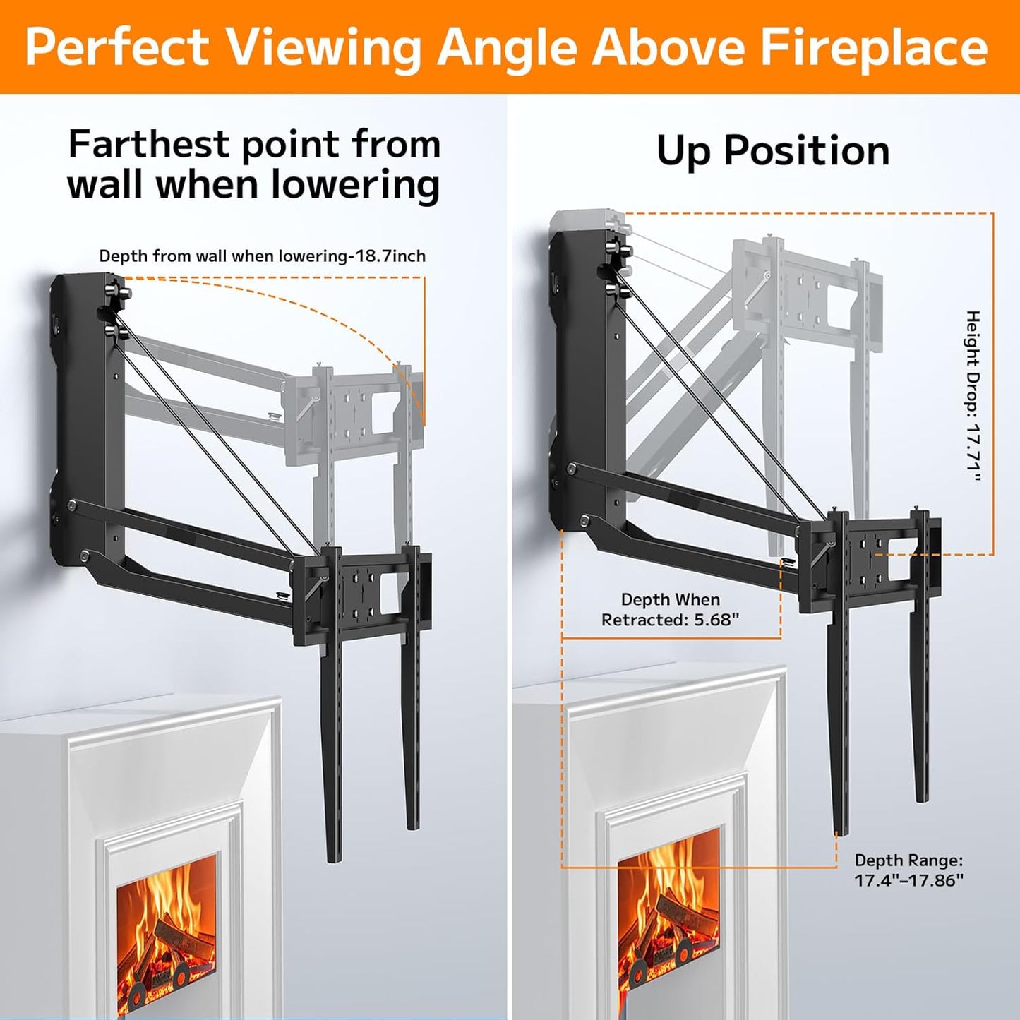 Motorized Pull Down TV Mount Over Fireplace, Electric Height Adjust with Remote Control, 32'-70' TVs, 77 lbs Max