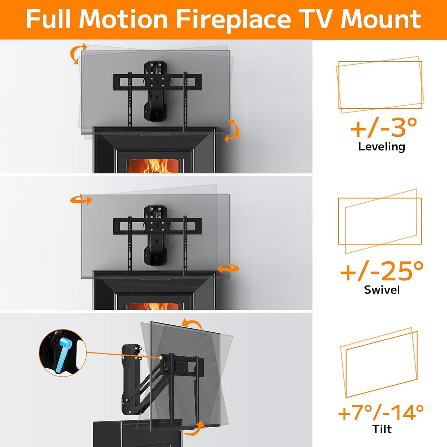 Motorized Pull Down TV Mount Over Fireplace, Electric Height Adjust with Remote Control, 32'-70' TVs, 77 lbs Max