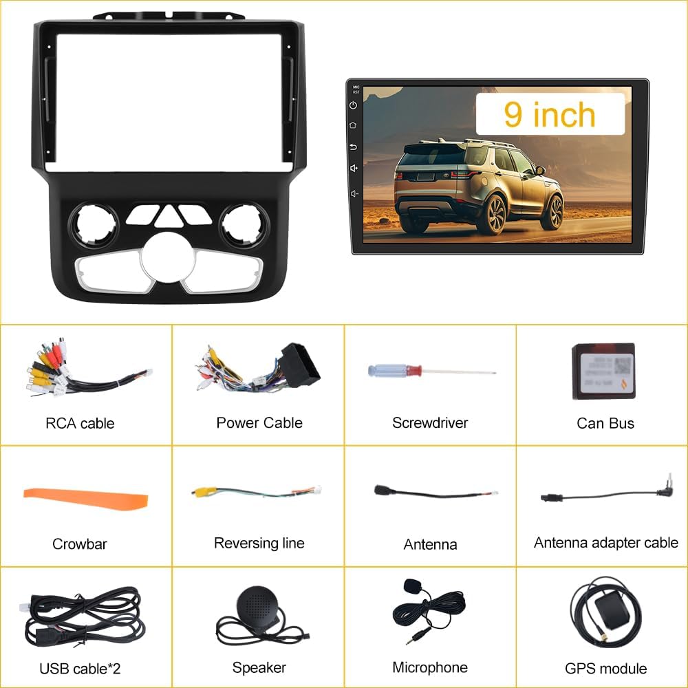 Car Stereo for Dodge Ram 2013-2018 1500 2500 3500,  9' Touchscreen, Wired/Wireless CarPlay Android