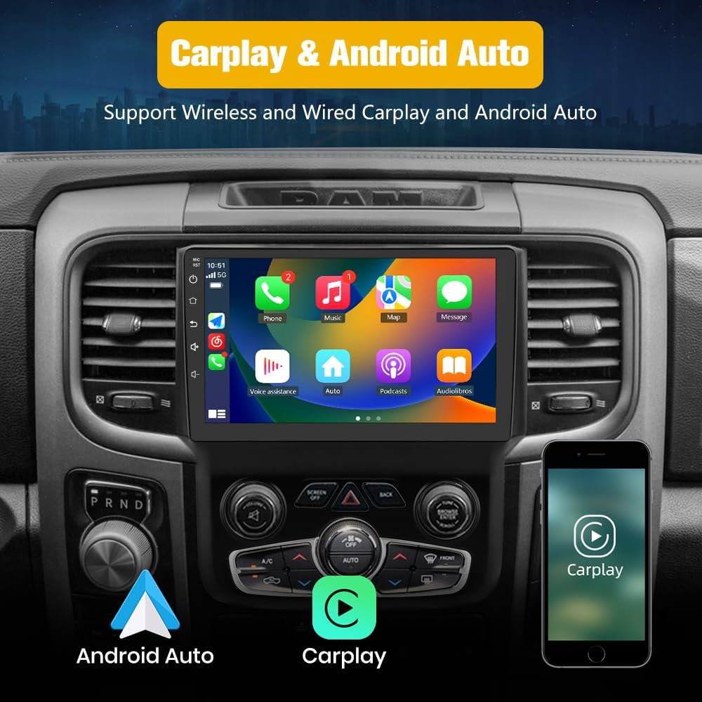 Car Stereo for Dodge Ram 2013-2018 1500 2500 3500,  9' Touchscreen, Wired/Wireless CarPlay Android