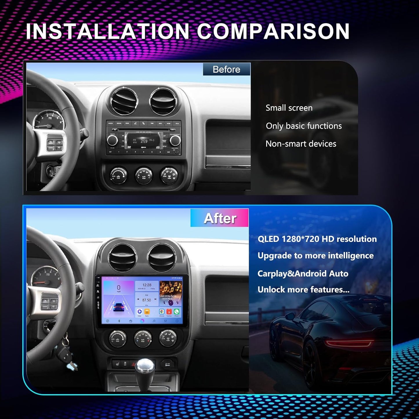 Car Radio Stereo for Jeep Compass Patriot 2010-2016,10' Touchscreen, Wireless CarPlay & Android Auto