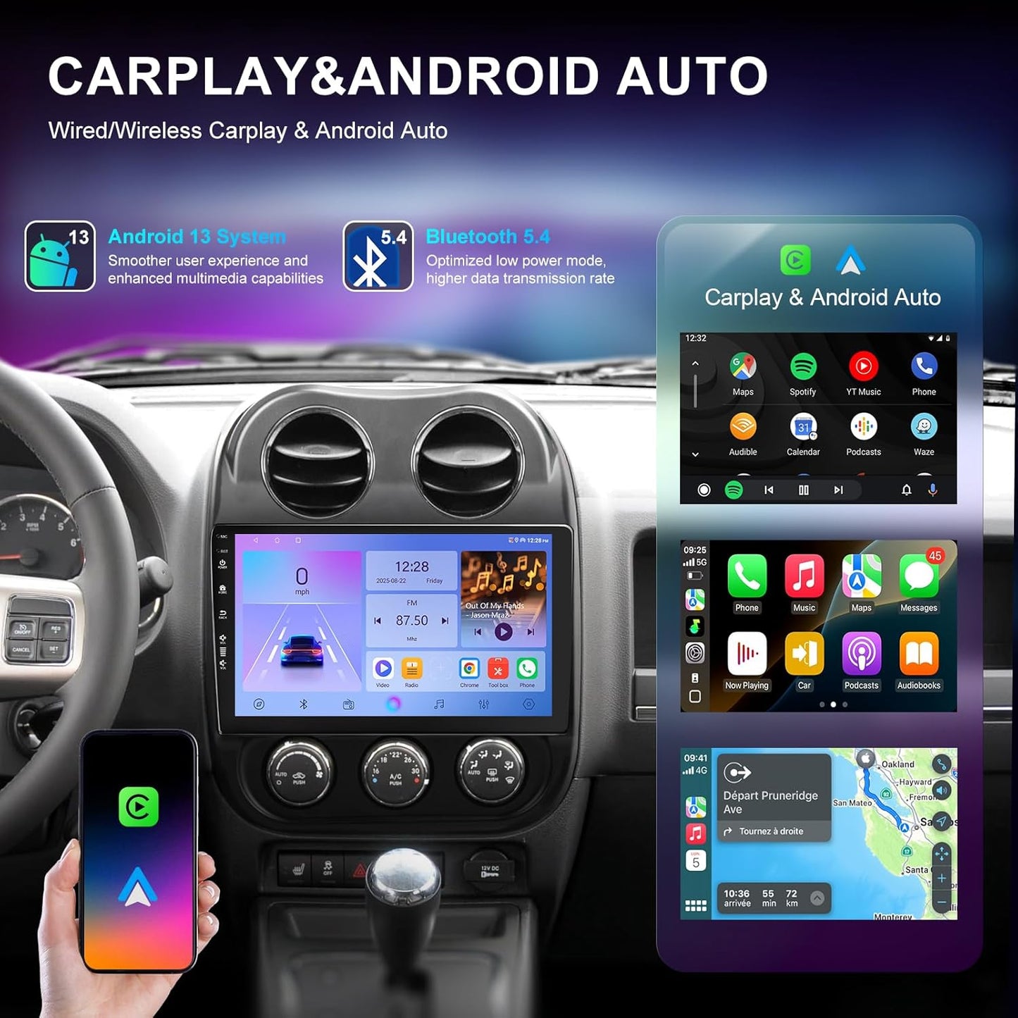 Car Radio Stereo for Jeep Compass Patriot 2010-2016,10' Touchscreen, Wireless CarPlay & Android Auto