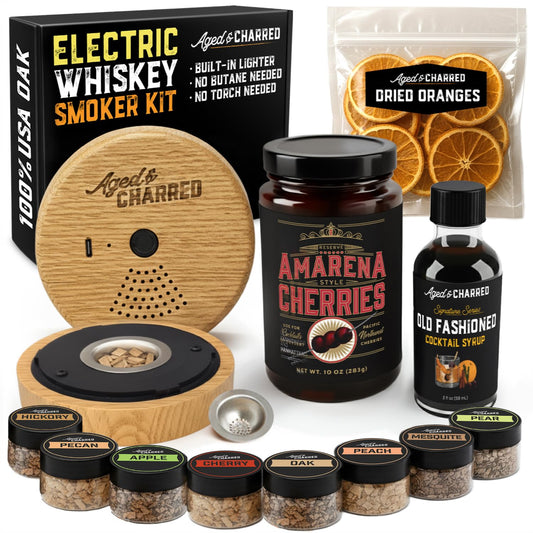 Electric Whiskey Smoker Kit,  Premium Amarena Cherries, Syrup, Orange Dried Slices and 8 Flavors Wood Chips