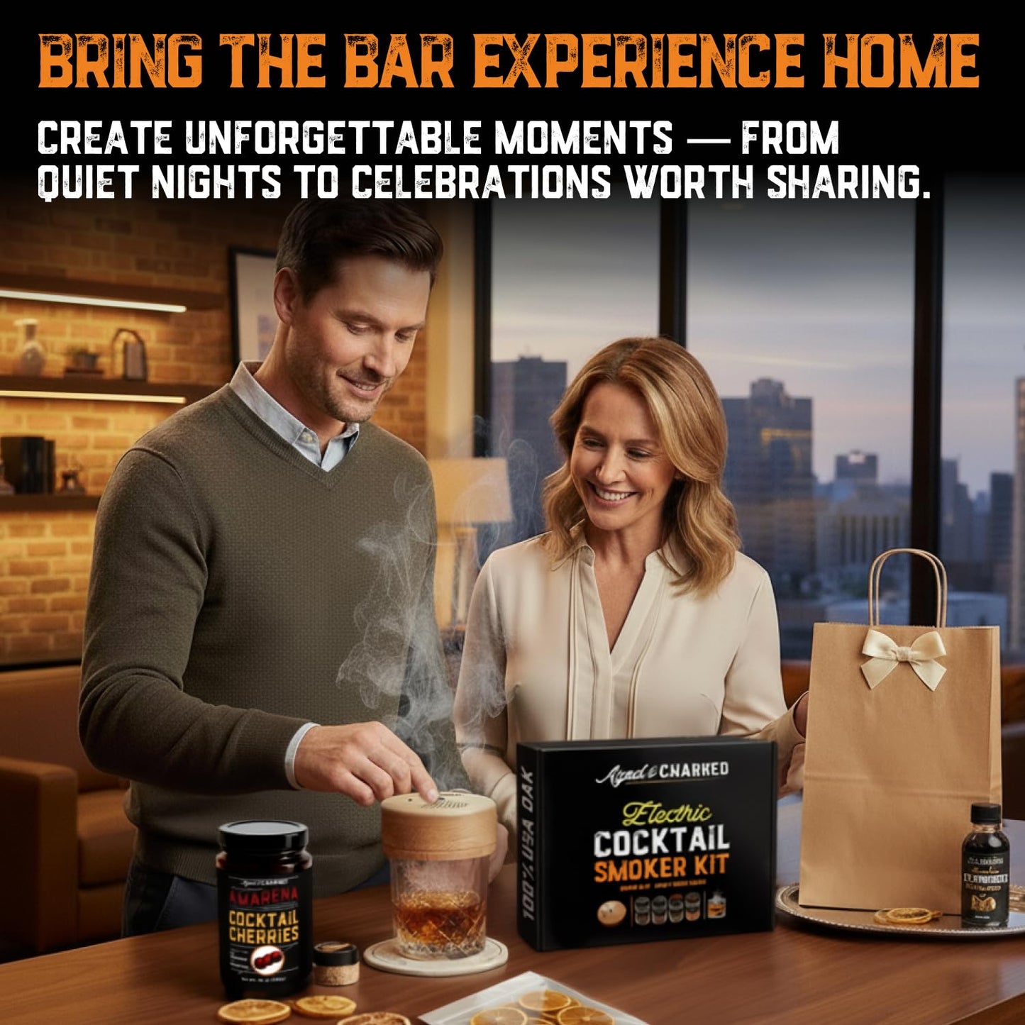 Electric Whiskey Smoker Kit,  Premium Amarena Cherries, Syrup, Orange Dried Slices and 8 Flavors Wood Chips