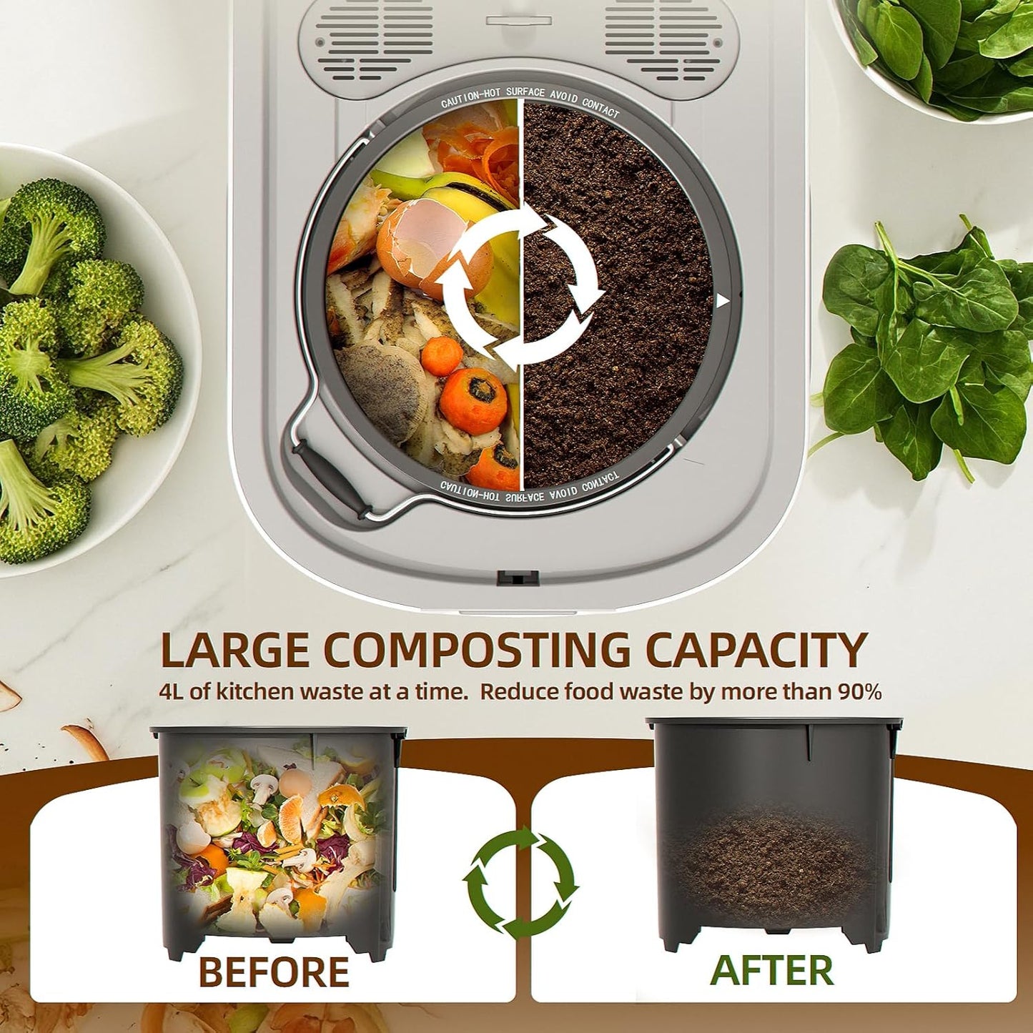 Compost Bin for Kitchen - 4L Countertop Composter with Auto-Cleaning, 2 Carbon Filters, 5-Hour Fast Composting