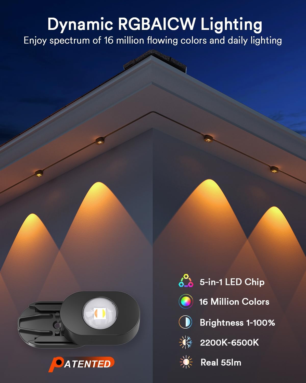 Smart Permanent Outdoor Lights 2 with Remote & Slide-Base, 100ft with 60 RGBAICW LEDs, 110+ Modes