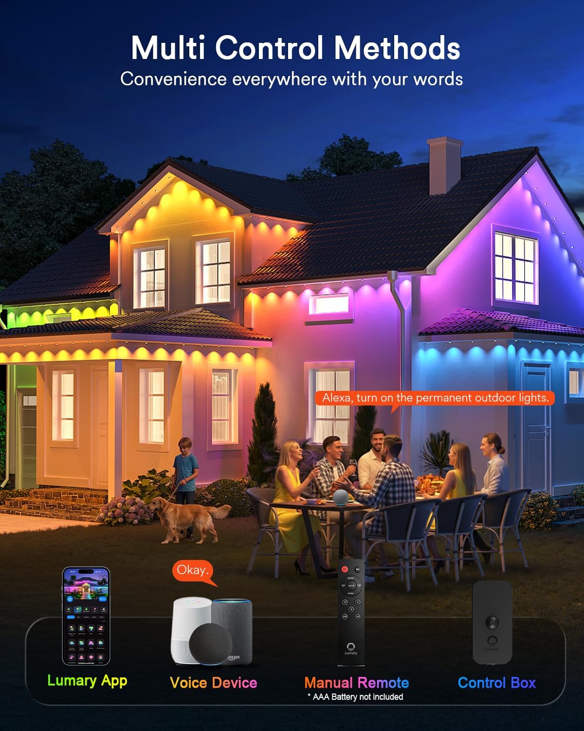 Smart Permanent Outdoor Lights 2 with Remote & Slide-Base, 100ft with 60 RGBAICW LEDs, 110+ Modes