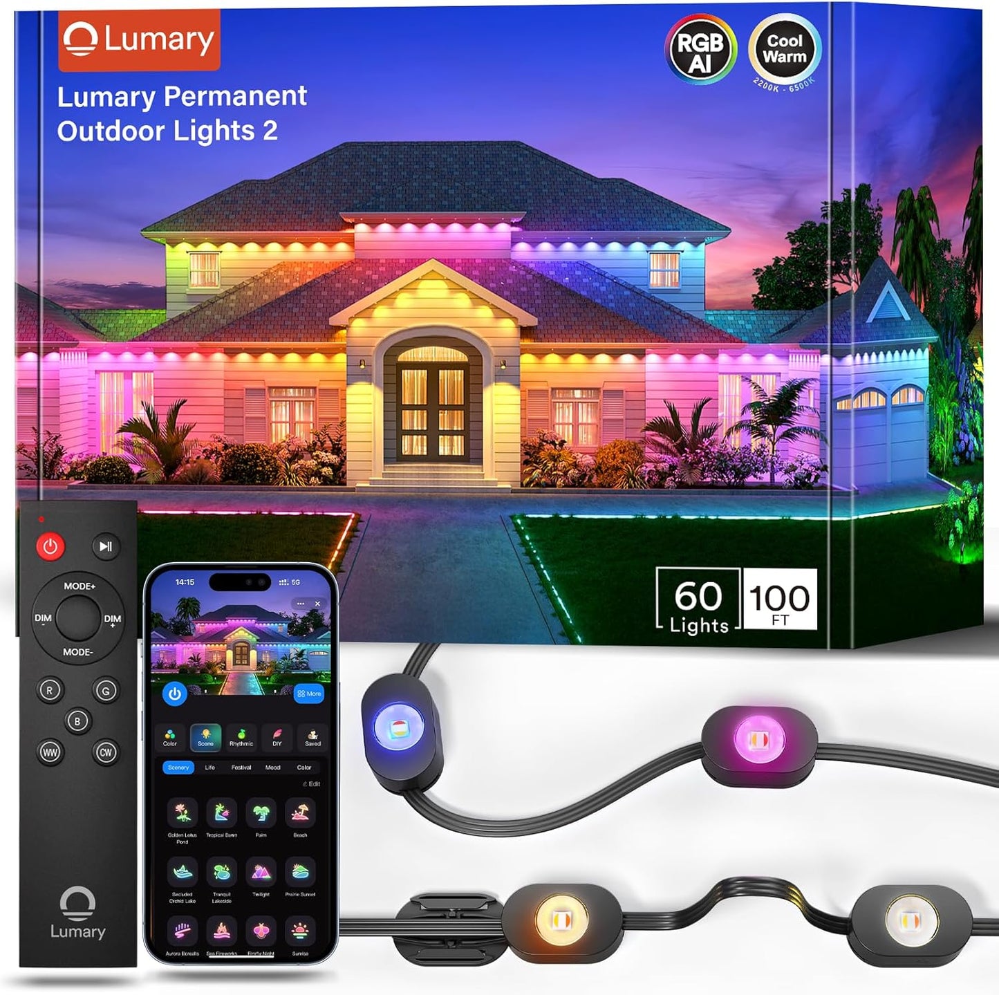 Smart Permanent Outdoor Lights 2 with Remote & Slide-Base, 100ft with 60 RGBAICW LEDs, 110+ Modes