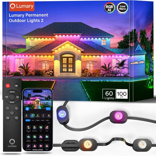 Smart Permanent Outdoor Lights 2 with Remote & Slide-Base, 100ft with 60 RGBAICW LEDs, 110+ Modes