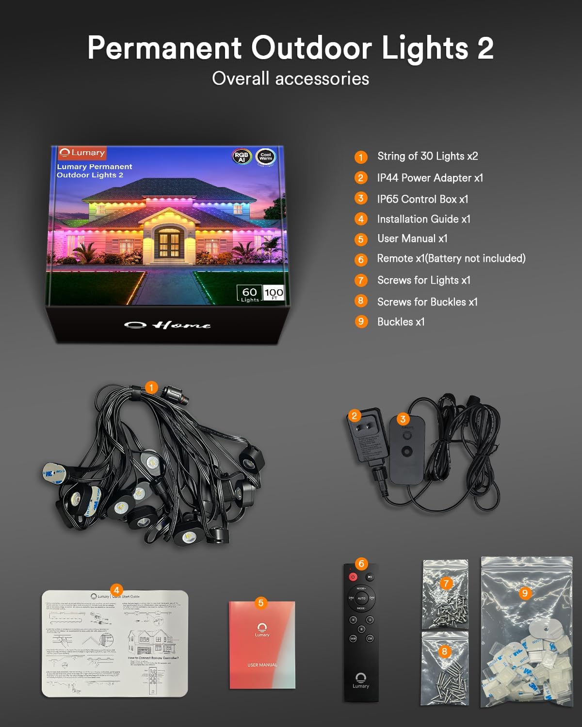 Smart Permanent Outdoor Lights 2 with Remote & Slide-Base, 100ft with 60 RGBAICW LEDs, 110+ Modes